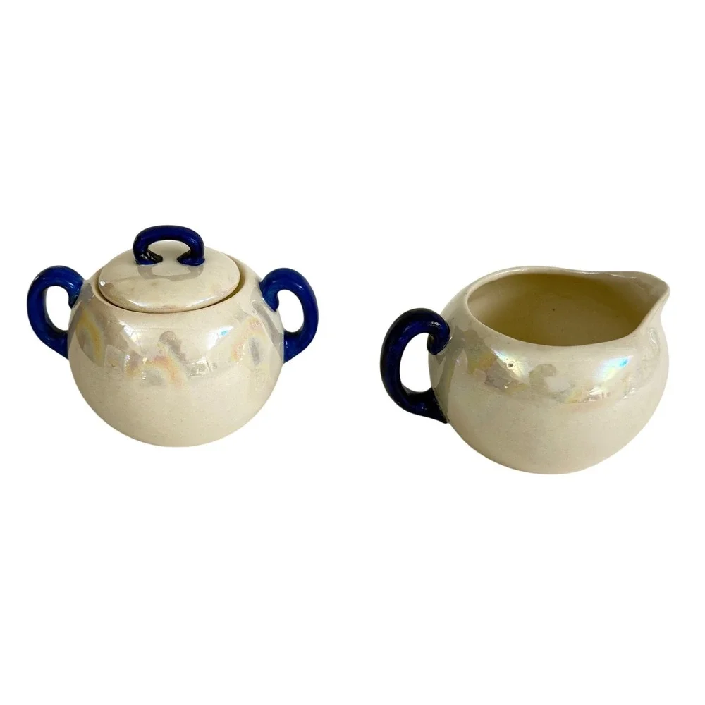 Vintage Czechoslovakia Lusterware Sugar Bowl Creamer Set Cobalt Blue Handles